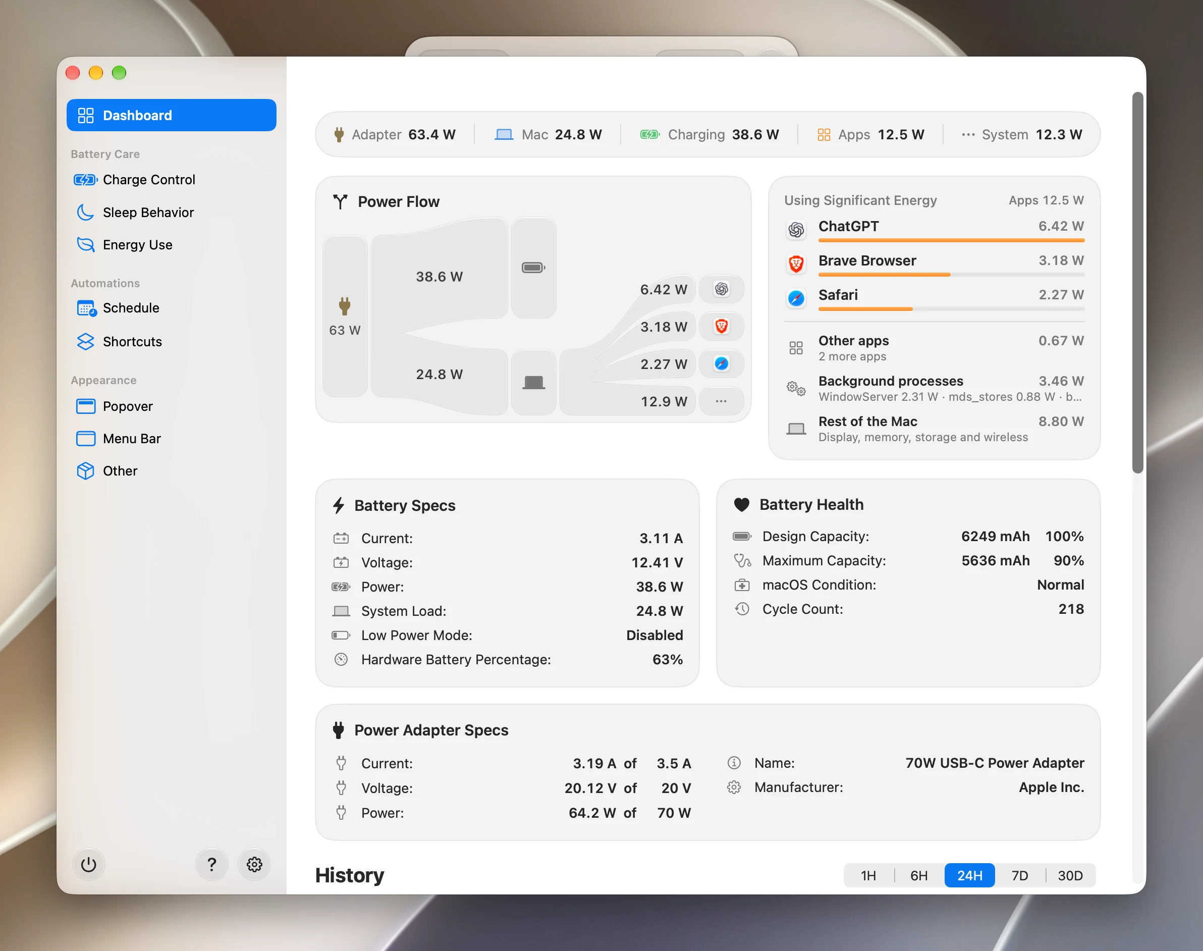 The Kelvin dashboard window: a power summary, the power flow with an app branch for ChatGPT, Brave Browser and Safari, where the rest of the power goes, and battery, health and power adapter specifications.